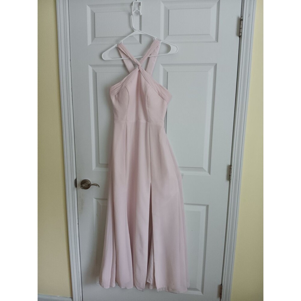 Azazie Blush Pink Halter Cross Neck Maxi Dress Size 6